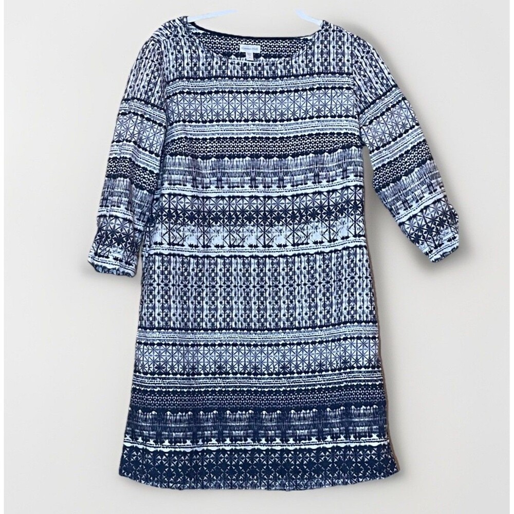 Garnet Hill Linen Dress 4 Black White Geometric Shift 3/4 Sleeve Casual